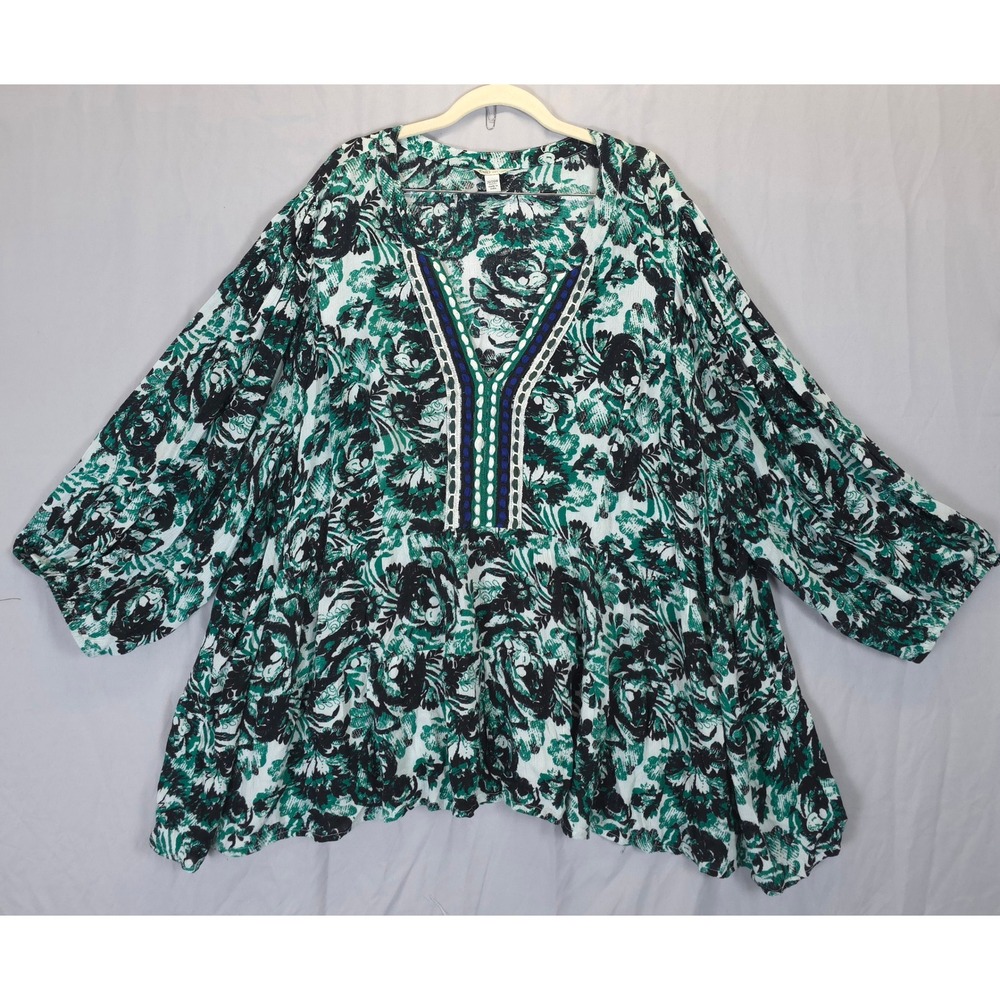 Cato‎ Green Floral Embroidered Peasant Tunic Top Women 26/28W Boho Artsy Office